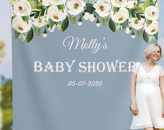 Telón de fondo azul polvoriento / Telón de fondo de baby shower / Telón de fondo floral blanco / Telón de fondo de fotomatón / Telón de fondo de boda / Prop de compromiso