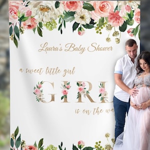Girl Baby Shower Backdrop Floral Banner Blush Pink backdrop Sweet Baby Girl Floral Baby Shower Backdrop Pink and Gold Decor