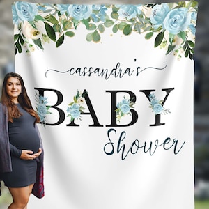 Baby Shower Backdrop Custom Blue Floral Baby Boy Shower Decorations Photo Booth Backdrop Boy Shower Ideas Welcome Baby Name Banner  01BAS29