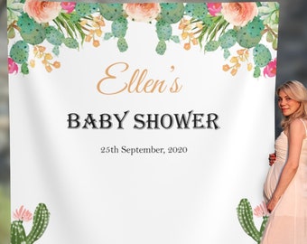 Cactus Decor, Baby Shower Backdrop, Succulent baby shower, Fiesta Baby Shower, Girl Pink Watercolor Flowers Tropical Decor 01BS48
