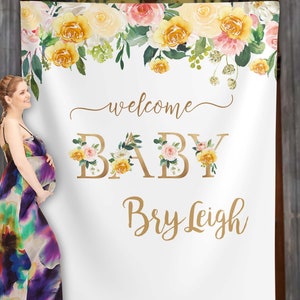 Custom Baby Backdrop, Yellow Floral Backdrop, Welcome Baby Decorations, Photo Booth Backdrop, Gender Neutral Banner 01BS06