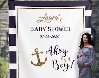 Nautical Baby Shower Backdrop Ahoy It s A Boy Decor Anchor Theme Baby Shower Navy Stripe and Gold Sailor Boat Decor 01BAS11