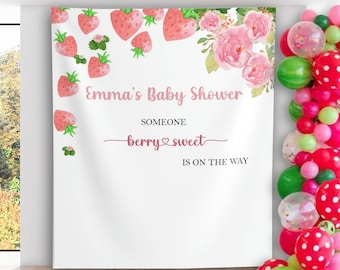 Strawberry Baby Shower Backdrop Pink Berry Sweet Baby Shower Banner Berry Sweet Baby on the Way Summer Fruit Girl Baby Shower Decoration