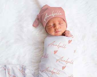 Personalized Baby Swaddle Blanket, Pink Hearts Wrap Blanket set, Newborn Baby Girl Swaddle, Baby Shower Gift, Blush Coming Home Outfit
