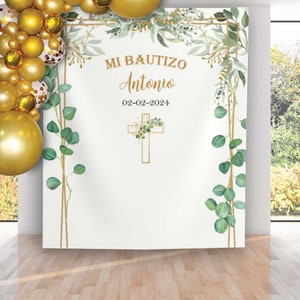 MI BAUTIZO Baptism Backdrop Personalized Name and Cross Banner Baptism Party Decorations Holy Communion Christening Backdrop God Bless Decor