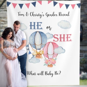 Gender Reveal Backdrop, Hot air Balloon Gender Reveal Decorations, Boy or Girl Backdrop, Up Up Away, He or She Decor 01HB78