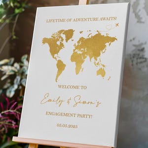 Letrero de bienvenida para boda de aventura, vida de aventura, cartón pluma para bodas, mapa del mundo de viajes, póster de despedida de soltera de destino personalizado