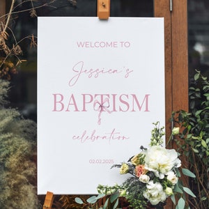 Letrero de bienvenida para bautismo impreso y enviado, tablero de espuma con texto en inglés "Welcome To The Baptism", decoración minimalista para bautizo, papel con lazo rosa suave