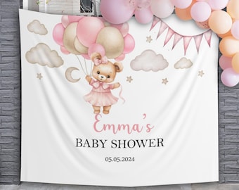 Palloncini orso rosa sfondo baby shower bambina orsacchiotto banner granella nuvole stelle luna decorazione festa personalizzata photobooth