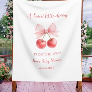 Cherry Baby Shower Backdrop, Couquette Bow Baby Shower Banner, Sweet little Cherry Baby Sprinkle Decor, Custom Baby Shower Sign