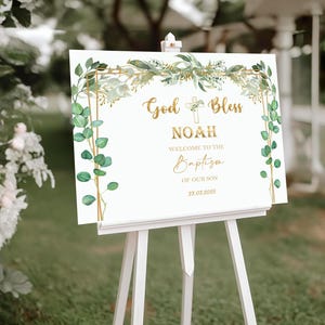 Letrero de bienvenida para bautismo con la frase "Dios bendiga", impreso y enviado, tablero de espuma para bautismo de género neutro, decoración de bautizo con vegetación, papel para póster de comunión