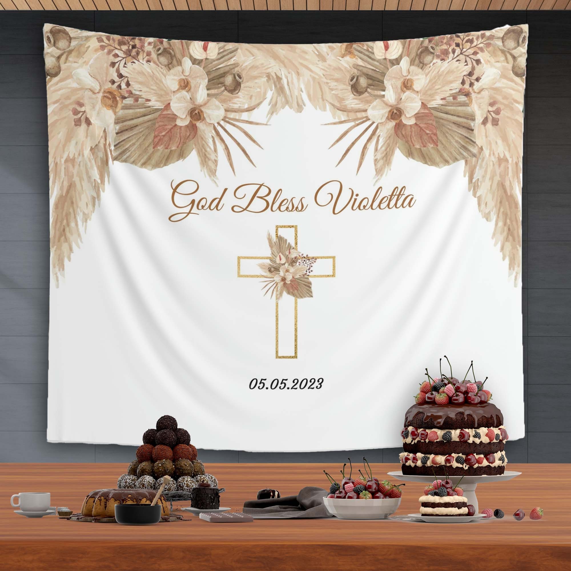 Fondo Fotografico Boho Per Battesimo E Prima Comunione – 2.1 X 1.5m, Tessuto In Poliestere, Personalizzabile, Con Scritta "Dio Benedica" - 6