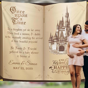 Sfondo da favola per baby shower, sfondo con libro dorato, sfondo con c'era una volta, decorazioni per baby shower con principessa