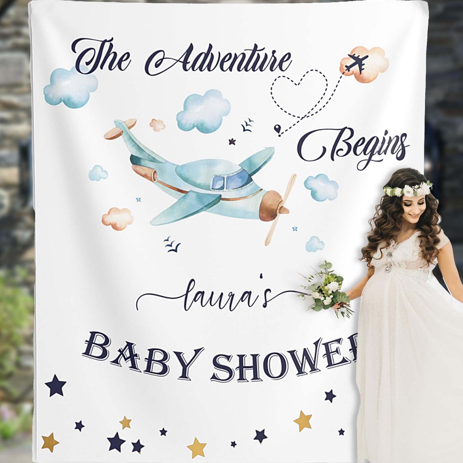 Airplane theme baby shower backdrop the adventure begins up etsy