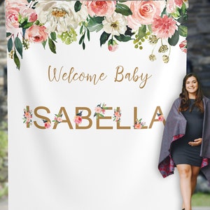 Custom Name Baby Shower Backdrop, Blush Floral Baby Shower Backdrop, Welcome Baby Backdrop, It&#39;s a girl banner, Custom Name Backdrop 01BAS75