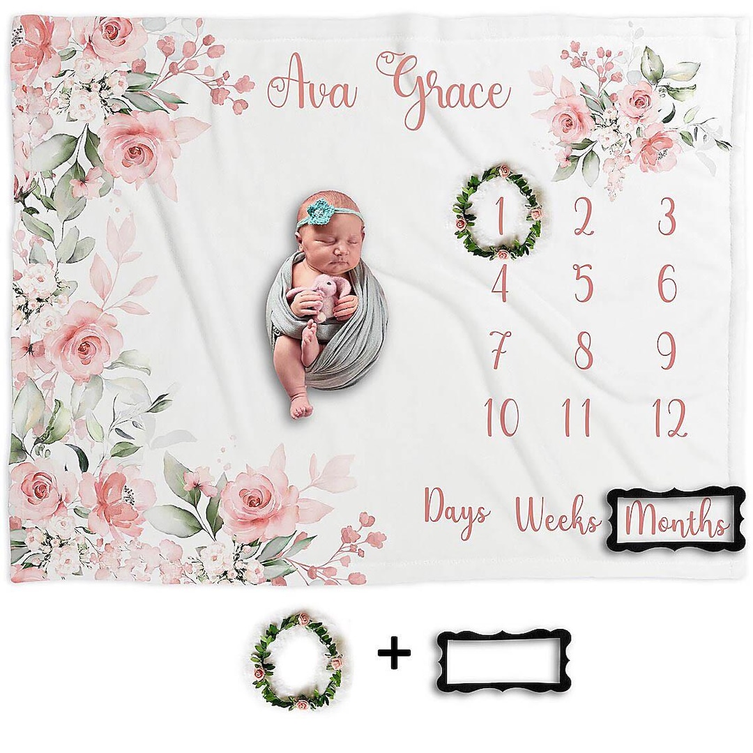 Baby Monthly Milestone Blanket - Deer Neutral Growth Chart Photography Prop 40x47 Inches, Newborn Photo Background - View #9