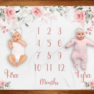 Twins milestone blanket, girl twins, floral pink milestone blanket, personalize baby blanket, watch me grow blanket, twins, baby gift