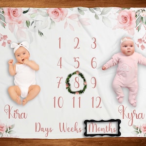 Twins milestone blanket with Marker Floral Pink Girl Milestone blanket Personalized baby blanket Watch me Grow blanket Baby Shower Gift