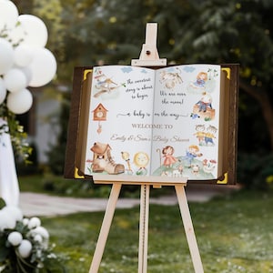 Letrero impreso para baby shower, cartón pluma con rima infantil para baby shower, póster "Más allá de la luna", decoración de cuentos para baby shower, pancarta de cuento de hadas para baby shower.
