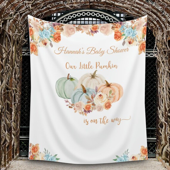 Pumpkin Baby Shower Backdrop Floral Blue Burnt Orange little Pumpkin Shower Decoration Fall Autumn Background Boy Baby Shower Banner