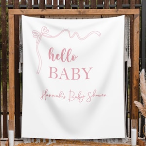 Hello Baby Coquette Bow Baby Shower Backdrop Minimalist Custom Baby Sprinkle Banner Blush Ribbon Modern Shower Decor Personalized Backdrop