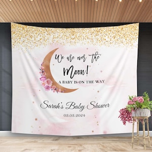 We are Over the Moon Girl Baby Shower Backdrop Clouds Moon Star Baby Shower Decoration Baby Sprinkle Banner Custom Photo Boy Booth Backdrop