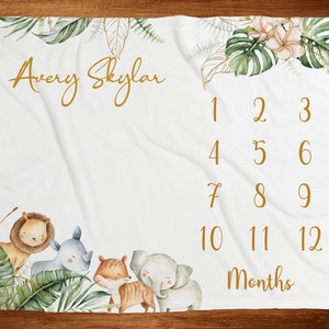 Gepersonaliseerde Safari Animal Milestone Blanket Jungle Theme Boy Monthly Photo Blanket Baby Shower Gift New Mom New Parent Gift Fleece Blanket