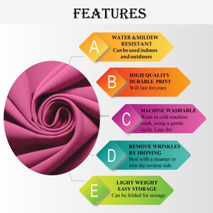 Puede incluir: Una muestra de tela rosa que muestra la textura de cerca. La imagen tambi&eacute;n presenta una lista de caracter&iacute;sticas, que incluyen resistente al agua y al moho, impresi&oacute;n duradera de alta calidad, lavable a m&aacute;quina, eliminar las arrugas con plancha y ligero y f&aacute;cil de guardar.