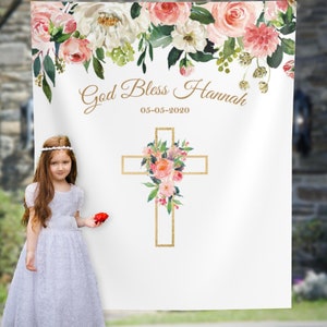 Girl First Communion Backdrop,  Floral Backdrop, Baptism Photo Booth Backdrop, Holy Communion Decor, Religious Party Backdrop 01BB01
