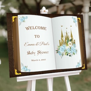 Cartel de bienvenida para baby shower, póster impreso, libro de castillo real, cartón espuma, decoración floral para baby shower, póster personalizado para fiesta de princesa y príncipe