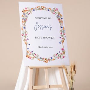 Letrero impreso con flores silvestres para baby shower, decoración de bienvenida, flores de primavera, entrada de cartón pluma, letrero personalizado, póster con chispas para bebé, papel, género neutro