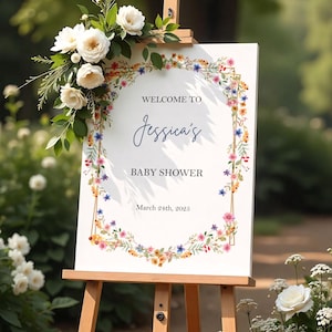 Letrero impreso con flores silvestres para baby shower, decoración de bienvenida, flores de primavera, entrada de cartón pluma, letrero personalizado, póster con chispas para bebé, papel, género neutro