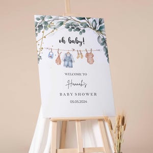 Gedruckte Babyparty Willkommensschild, Cloth Line Willkommensschaumbrett, Oh Baby Thema, Babykleidung für Jungen, Minimalistisches Papierposter Greenery Zeichen