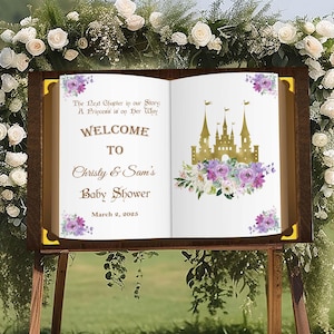 Panneau imprimé princesse prince baby shower de bienvenue Carton mousse affiche du livre du château royal en papier décoration florale de baby shower, affiche de fête personnalisée