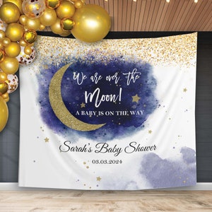 Baby Shower Backdrop Over the Moon Blue Clouds Moon Star Baby Shower Decoration Baby Sprinkle Banner Custom Photo Boy Booth Backdrop