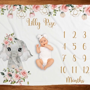 Personalized Floral elephant milestone blanket, baby blanket, new baby gift, monthly photo blanket, baby age blanket, baby shower gift