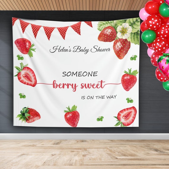 Berry Sweet Baby Shower Backdrop Red Strawberry Baby Shower Banner Fruit Baby Shower Decoration Summer Baby Shower Greenery Strawberry Decor