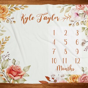 Autumn baby milestone blanket Fall monthly Baby Name Blanket Floral Growth Blanket New Mom Baby Shower Gift Neutral Boho Minky acm7