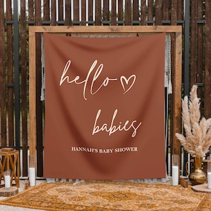 Fondo de baby shower de gemelos, fondo minimalista de Hello Babies, decoración de baby shower de género neutro, pancarta de baby shower de terracota THB