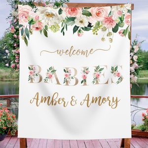Twins Girls Baby Shower Backdrop Custom Blush Floral Shower Decorations Welcome Babies Photo Booth Backdrop Baby Shower Banner 01BS07