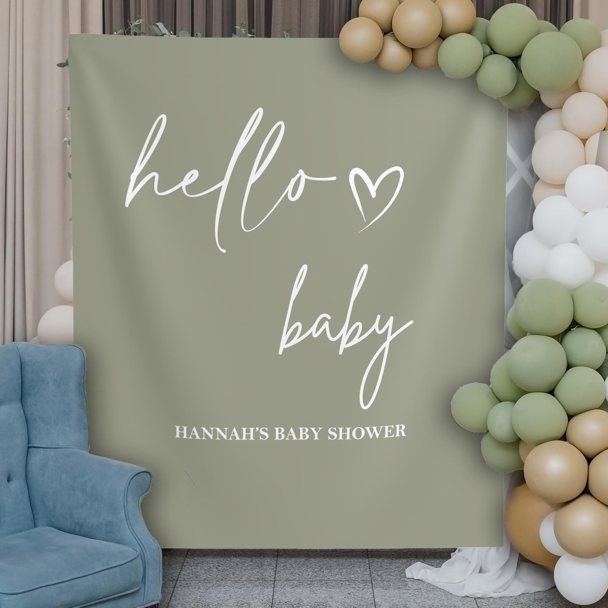 Hello Baby Minimalist Baby Shower Backdrop Sage Green Gender Neutral Baby Sprinkle Banner Modern Shower Decoration Personalized Backdrop