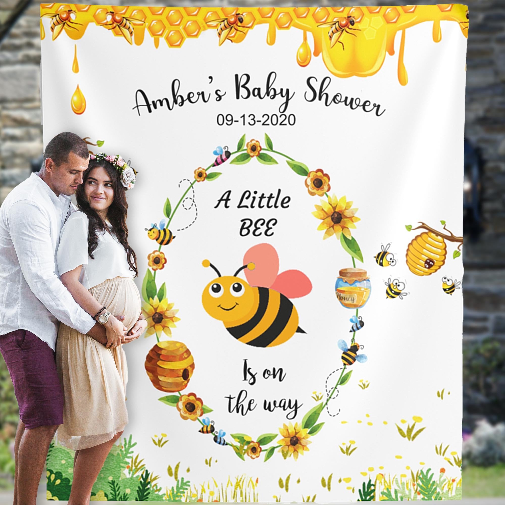 Fotohintergrund Für Babyparty – Bienen-Design Mit Spruch 'A Little Honey Is On The Way', 2,1x1,5 M