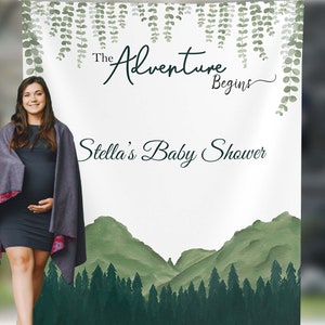 Sfondo baby shower L'avventura attende Montagne Sfondo Verde Baby Shower Sfondo Lascia che l'avventura abbia inizio Foto sullo sfondo 01BS23