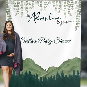 Baby shower backdrop Adventure Awaits Mountains Backdrop Greenery Baby Shower Backdrop Let The Adventure Begin Photo backdrop 01BS23