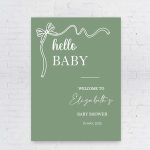 Letrero verde salvia impreso, letrero de bienvenida para baby shower, lazo coqueto, letrero de espuma para entrada, cinta impresa de Hola bebé, póster minimalista de papel