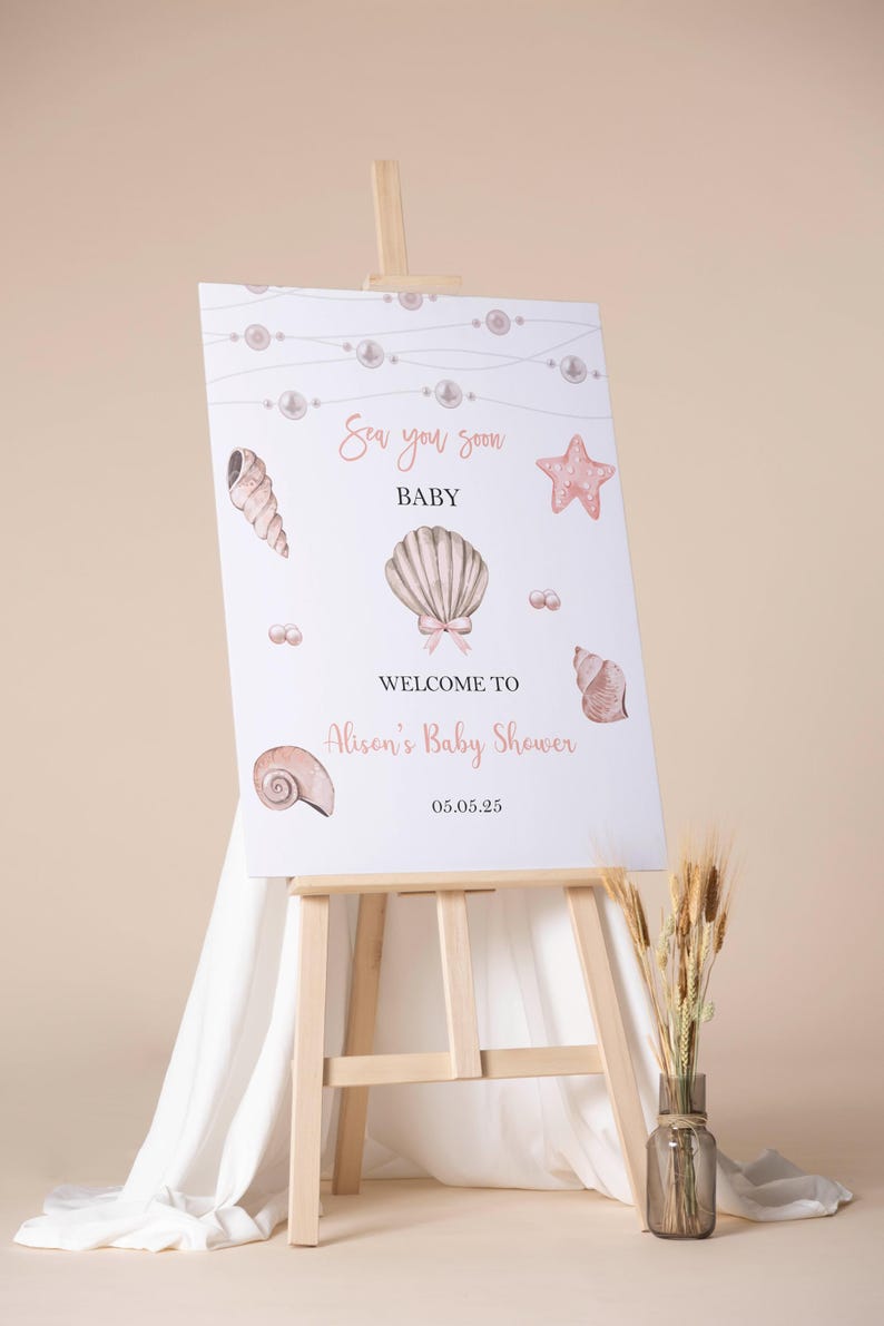 Sea You Soon Baby Shower Welcome Sign Printed Shell Coquette Bow ...