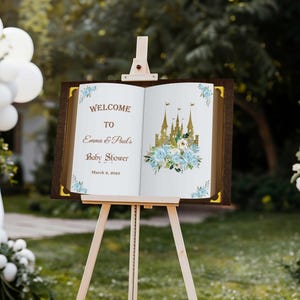 Cartel de bienvenida para baby shower, póster impreso, libro de castillo real, cartón espuma, decoración floral para baby shower, póster personalizado para fiesta de princesa y príncipe
