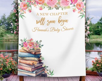 Book-Themed Baby Shower Decor New Chapter Will Soon Begin Backdrop Storybook Baby Shower Banner Personalized Blush Floral Bridal Shower
