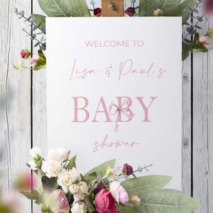 Cartel de bienvenida con forma de lazo y espuma para baby shower, con diseño de rubor, para baby shower, póster con papel con chispas, letrero con nombre personalizado, letrero impreso para fiesta, decoración