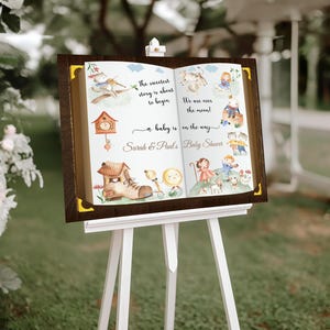Letrero de bienvenida impreso para baby shower, canción infantil, tablero de espuma, decoración de entrada "Más allá de la luna", libro de cuentos, póster de bienvenida con chispas para baby shower.